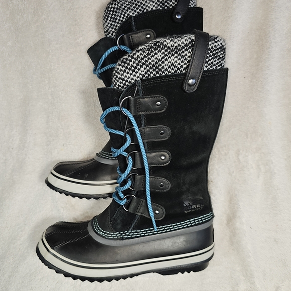 Sorel Joan Of Arctic Knit Waterproof Snow Boots Black Houndstooth Aqua 7 - Picture 8 of 16